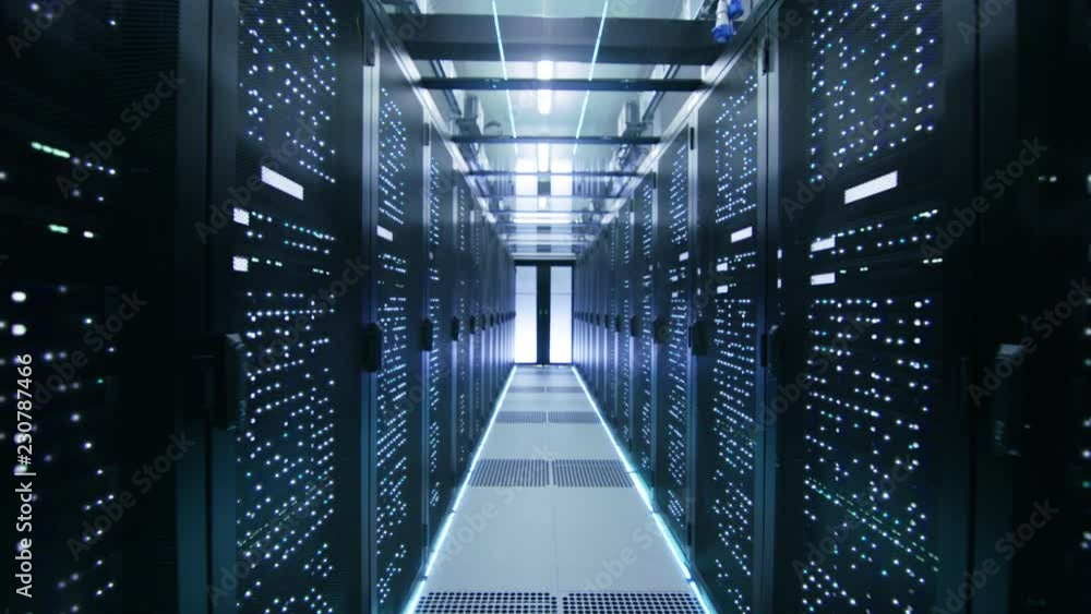 Poster looped cinemagraph: activating data center with server racks full of blinking led lights.