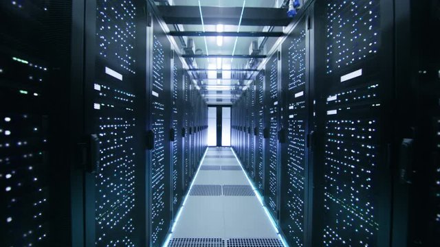 Looped Cinemagraph: Activating Data Center with Server Racks Full of Blinking LED Lights.