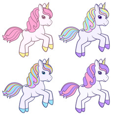 Running cute Cartoon Unicorns set. Vector illustration