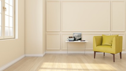 Fototapeta na wymiar Modern and classic living room interior design, house concept , yellow armchair with woodfloor and cream wall,3d rendering