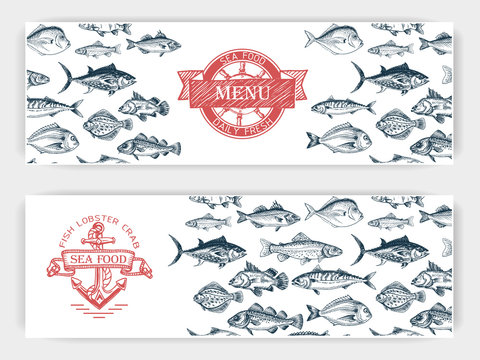 Vector illustration sketch - fish market. Card menu seafood. vintage design template, banner.