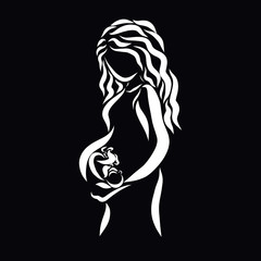 Cute young pregnant woman with long hair and a baby in her belly, before childbirth
