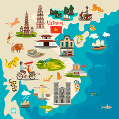Vietnam abstract map with flag, hand drawn vector illustration. Travel and tourist attraction. Travel illustration of Vietnam with landmarks icons. Poster for children, art travel card,
