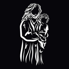 Caring gracious Lord Jesus holding a baby in his arms, black background
