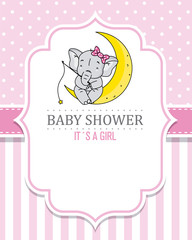 baby shower girl. cute elephant fishing stars sitting on the moon. Space for text