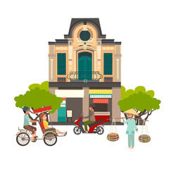 Vietnam street vector illustration. Abstract street with front house. People on motorbike and asian woman. Isolated on white background