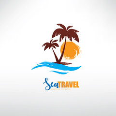 Fototapeta na wymiar seascape with palm trees on island and ocean waves, stylized vector symbol