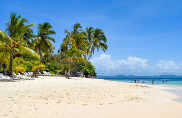 Obraz premium Paradise beach in caribbean sea, white beach, plams and turquoise ocean, some tourists at the beach in the dominican republic