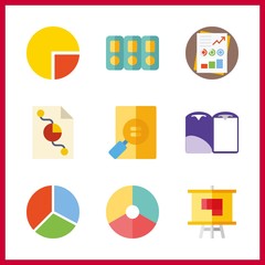 9 documents icon. Vector illustration documents set. plan and pie chart icons for documents works