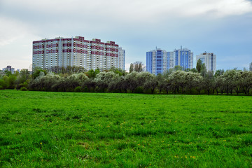 Large modern residential building and green field
