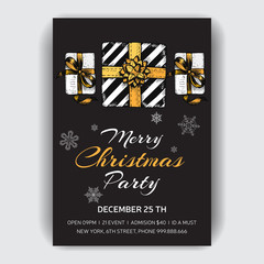 Christmas party invitation. Design template with xmas hand-drawn graphic illustrations. New Year and Christmas holidays pattern.