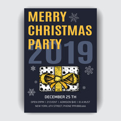 Christmas party invitation. Design template with xmas hand-drawn graphic illustrations. New Year and Christmas holidays pattern.