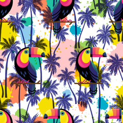 Vector illustration, seamless pattern with hand drawn palm trees and toucans on an ink blots modern background.