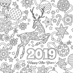 New year congratulation card with numbers 2019, deer and festive objects. Zentangle inspired style. Zen colorful graphic. Image for calendar, coloring book.
