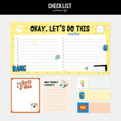 Set of planners and to do list with simple scandinavian illustrations and trendy lettering. Template for agenda, planners, check lists, and other stationery. Isolated. Vector background