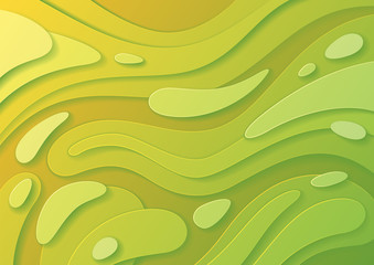 Abstract paper cut yellow green background with wavy layers; Realistic carving art; Vector 3d template; Material design concept.