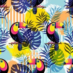 Vector illustration, seamless botanical silhouette pattern with Toucans on a modern colorful geometrical background