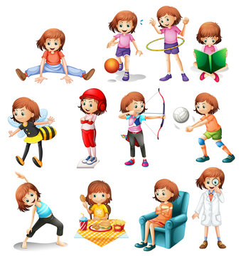 Set of cute girl with various activity