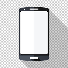 Smartphone icon in flat style with long shadow on transparent background