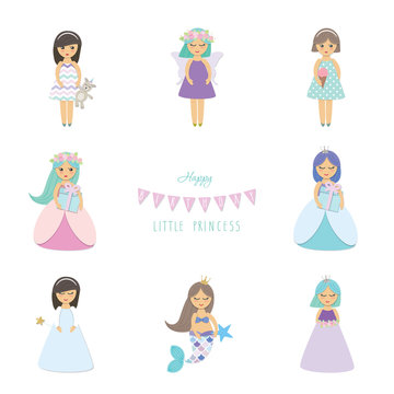 Cute little girls, princess, mermaid, angel, fairy cartoon characters set isolated on white.