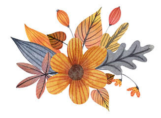 Watercolor autumn bouquet with flowers, leaves and branches. Hand drawn illustration.