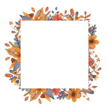 Watercolor autumn sqaure frame with flowers,  leaves and branches. Hand drawn illustration.