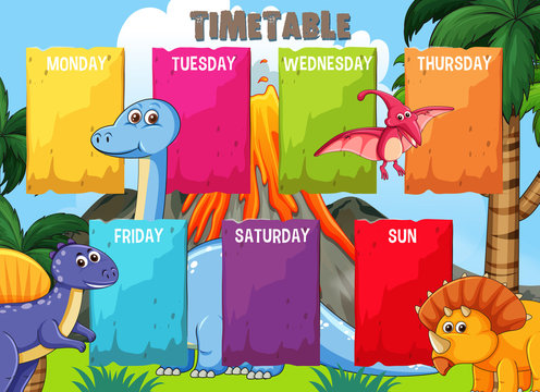 Timetable with colourful dinosaur template