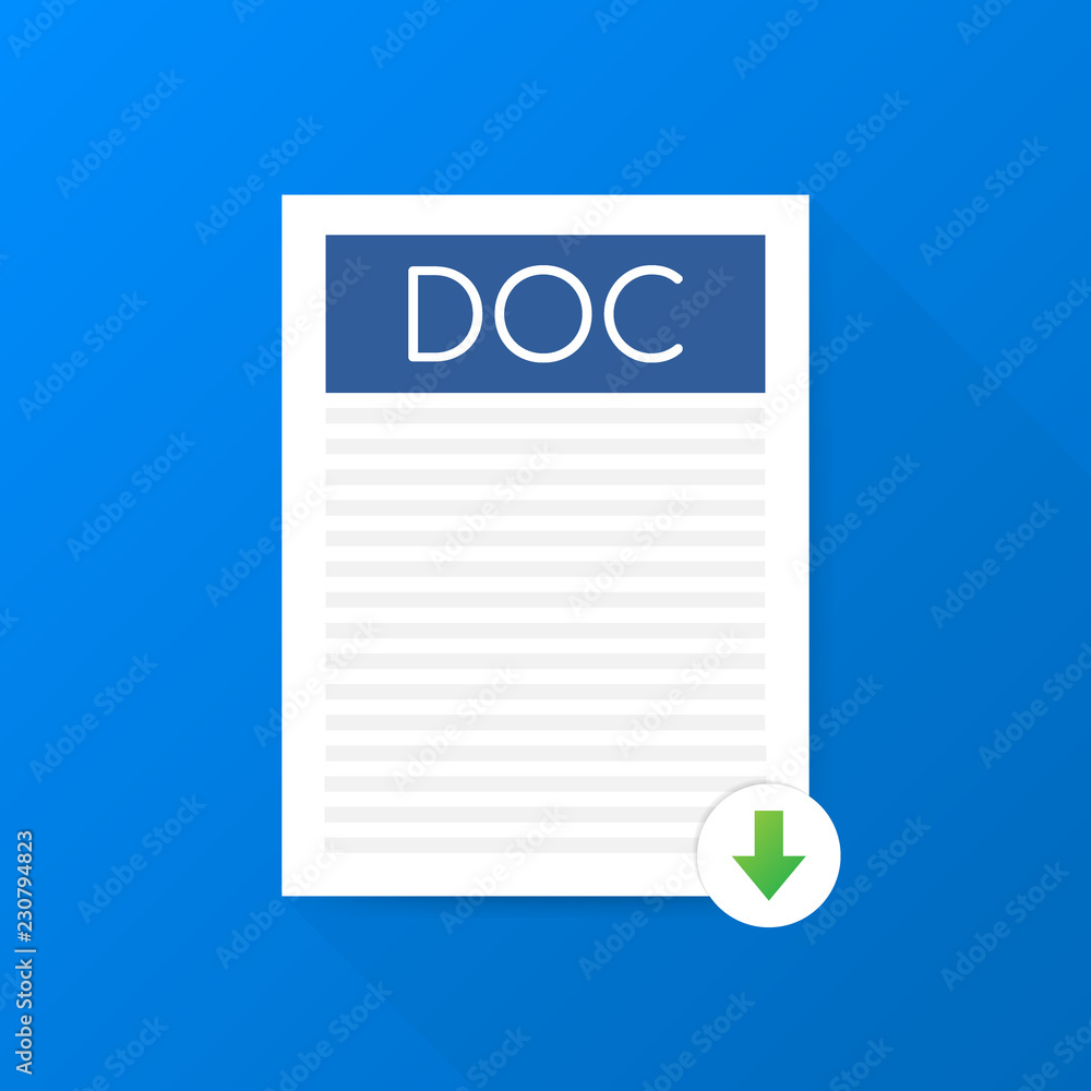Poster download doc button. downloading document concept. file with doc label and down arrow sign. vector i