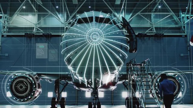 Concept of: Visual Representation Of Futuristic Airplane Maintenance Process. Graphical Animation of Digitalization of Analytics Checking Optimal Functioning of the Plane Conducted by Engineer.