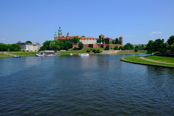 Fototapeta na wymiar Wawel Hill and the architectural complex in Krakow, on the left bank of the Vistula.