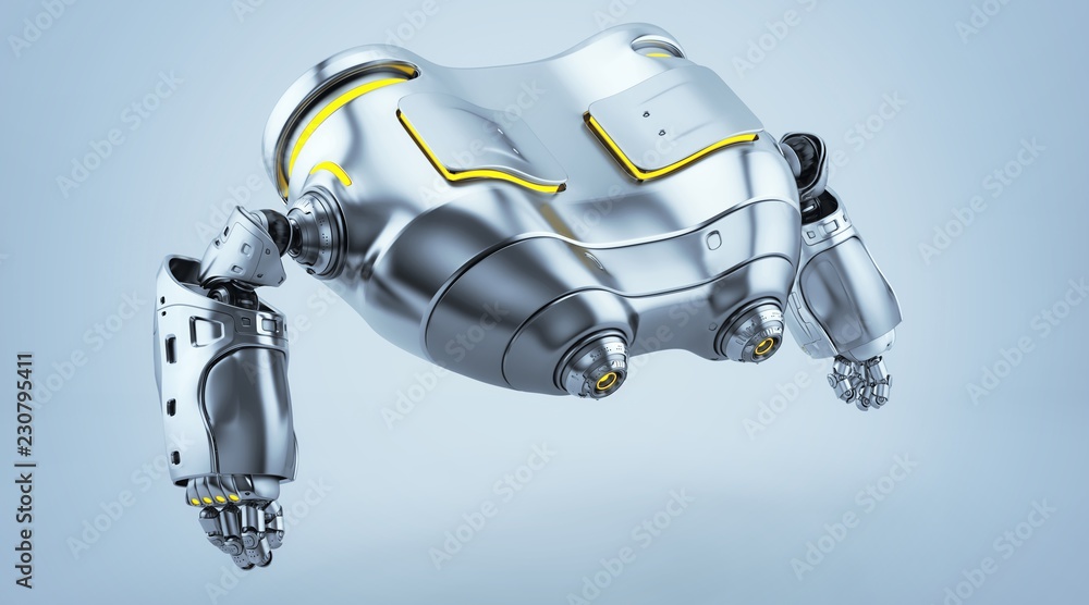 Poster robot binoculars in side render levitating looking down, 3d render
