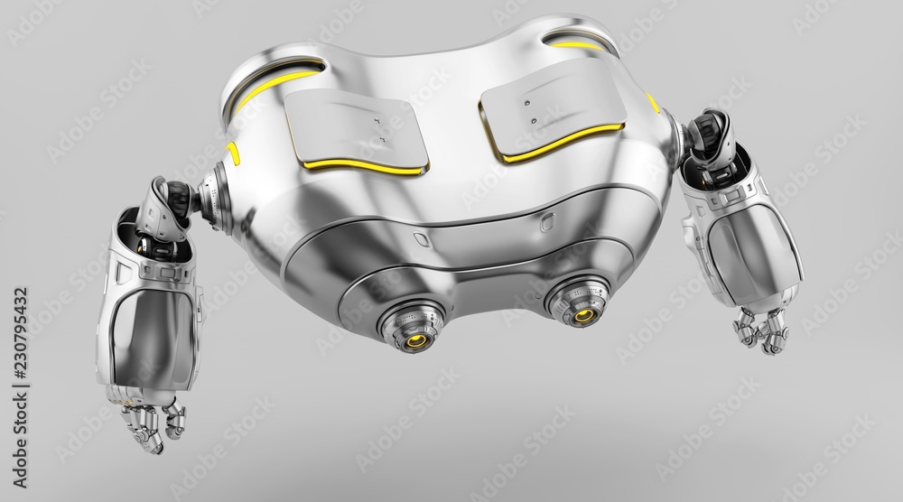 Poster robot binoculars in side render levitating looking down, 3d render