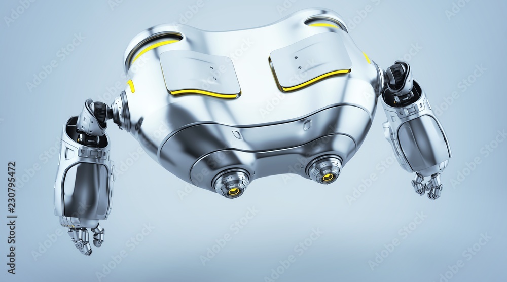 Poster robot binoculars in side render levitating looking down, 3d render