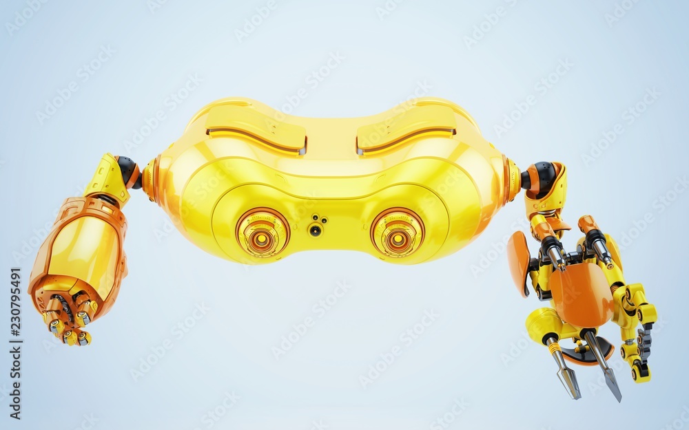 Poster bright orange look-see robot with multi functional arm holding instrument, 3d render