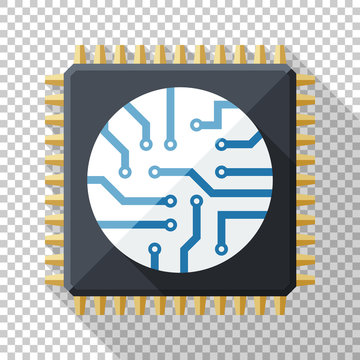 Processor icon in flat style with long shadow on transparent background