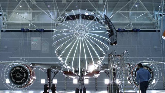Concept of: Visual Representation Of Futuristic Airplane Maintenance Process. Graphical Animation of Digitalization of Analytics Checking Optimal Functioning of the Plane Conducted by Engineer.