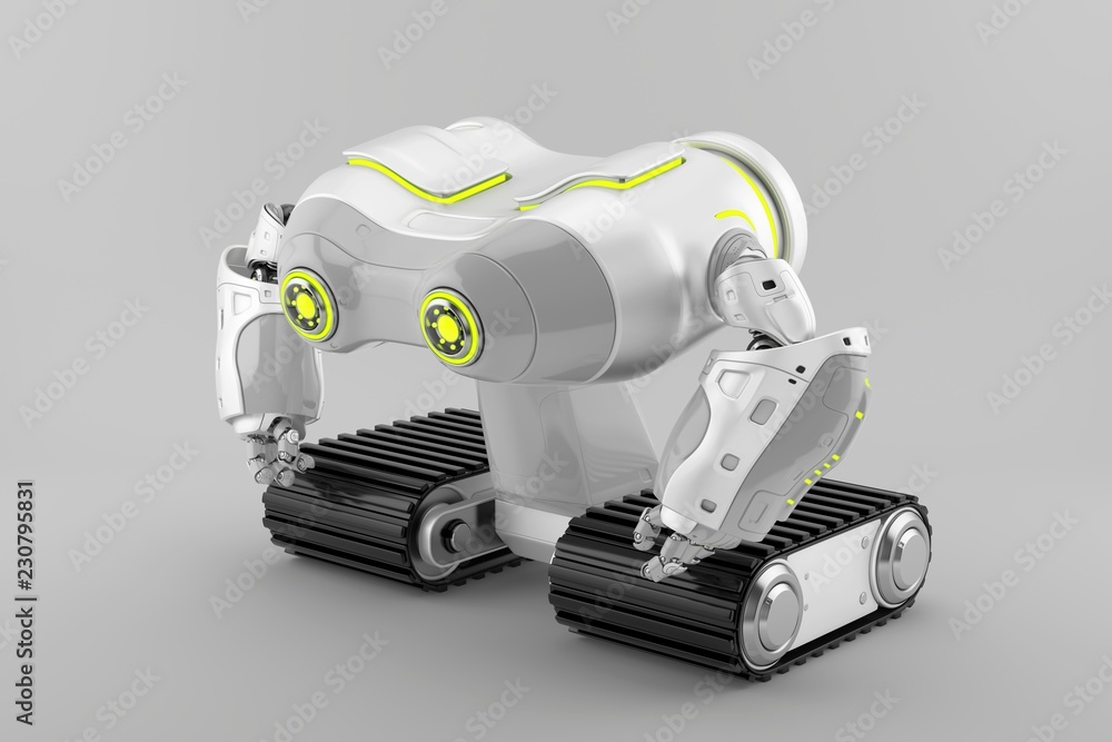 Poster white-grey look-see robot on massive tracks with lime eyes in profile 3d render