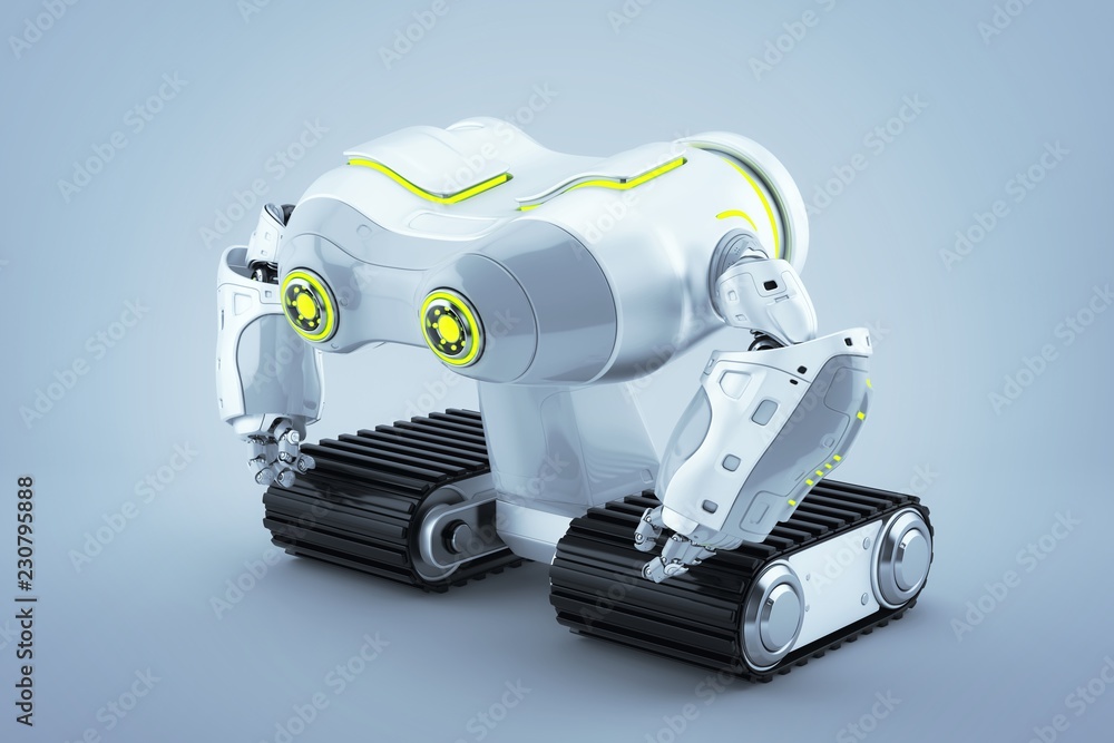 Poster white-grey look-see robot on massive tracks with lime eyes in profile 3d render