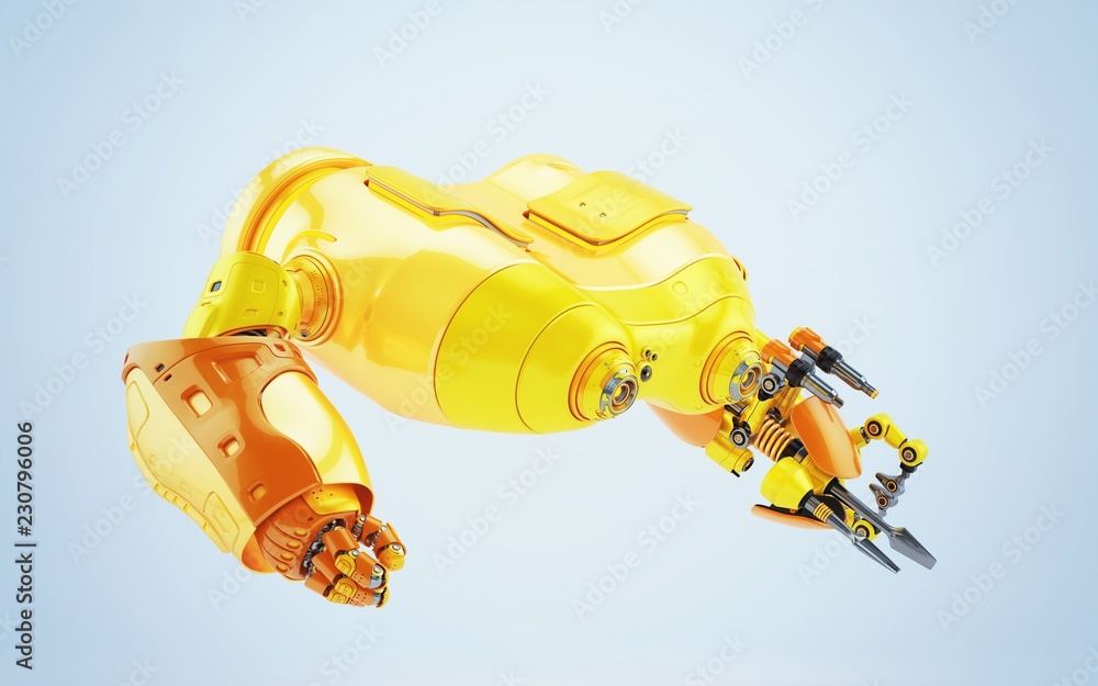 Poster bright orange look-see robot with multi functional arm holding instrument, 3d render
