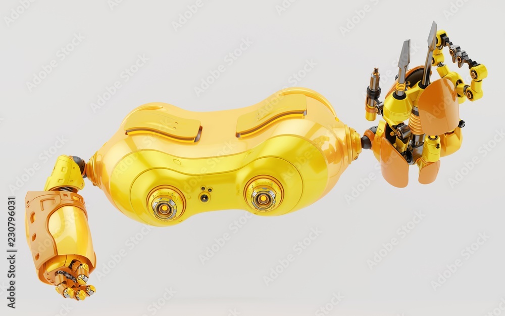 Poster bright orange look-see robot with multi functional arm holding instrument, 3d render