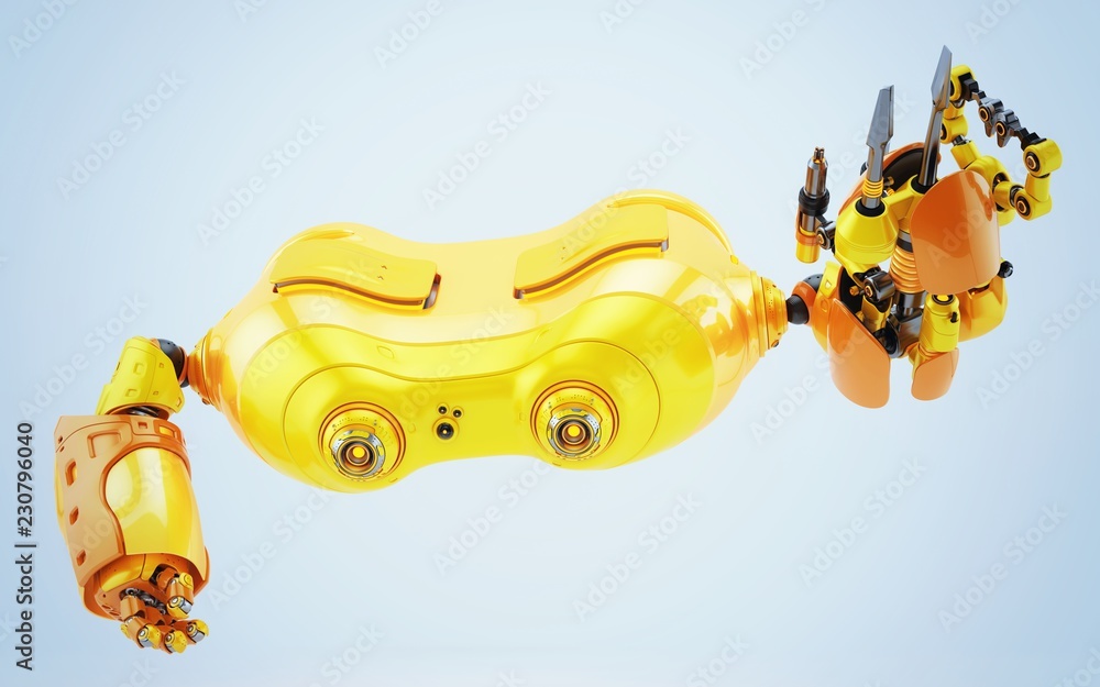 Poster bright orange look-see robot with multi functional arm holding instrument, 3d render