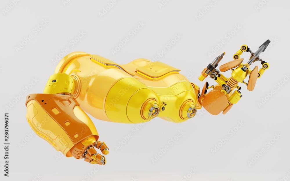 Poster bright orange look-see robot with multi functional arm holding instrument, 3d render