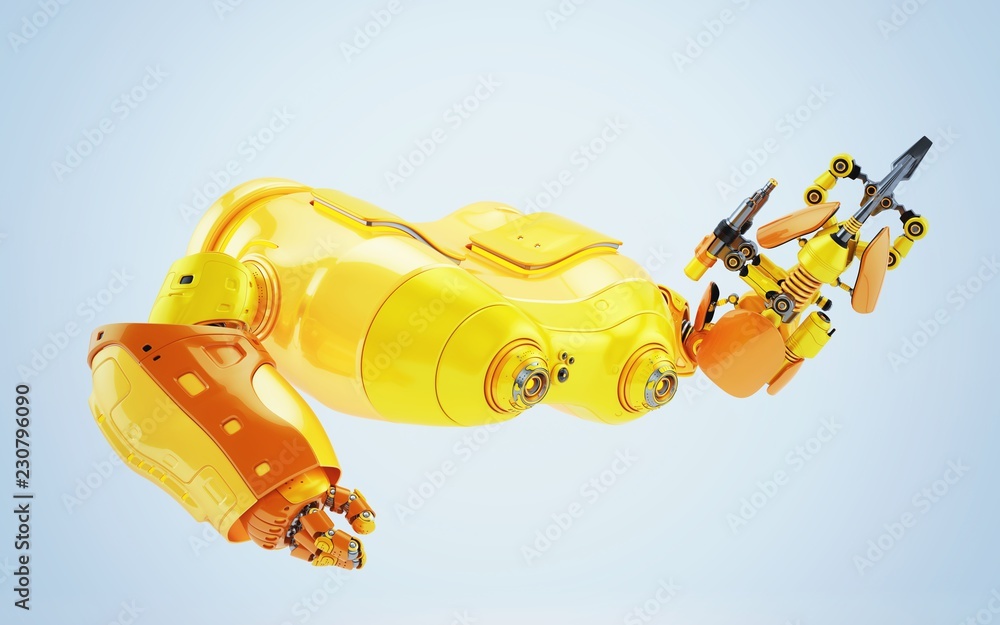 Poster bright orange look-see robot with multi functional arm holding instrument, 3d render