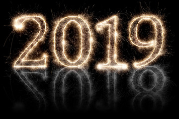 bright sparkler pyrotechnic fireworks number 2019 208 change happy new year sylvester concept isolated on black background