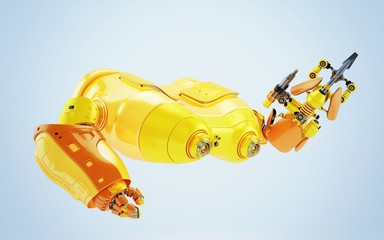 Bright orange look-see robot with multi functional arm holding instrument, 3d render