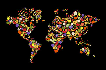 Fruit icon world map for health and nutrition