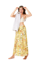 Full body young asian woman posing in summer dress and sunglasses against isolated white background