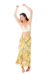 Full body portrait of carefree young asian woman dancing in summer dress