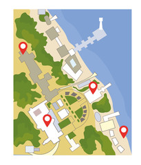 Map with pointer for the sea and park landscape. Vector graphic illustration - 230796494