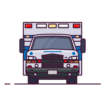 Front view of ambulance car with lights. Line style vector illustration. Vehicle and transport banner. Modern ambulance american car. First aid van with paramedics. Emergency vehicle.